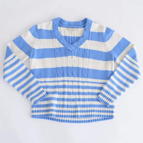 Vintage 90's Y2K Tommy Hilfiger Blue & White Stripe V-Neck Long Sleeve Sweater - Picture 4 of 12